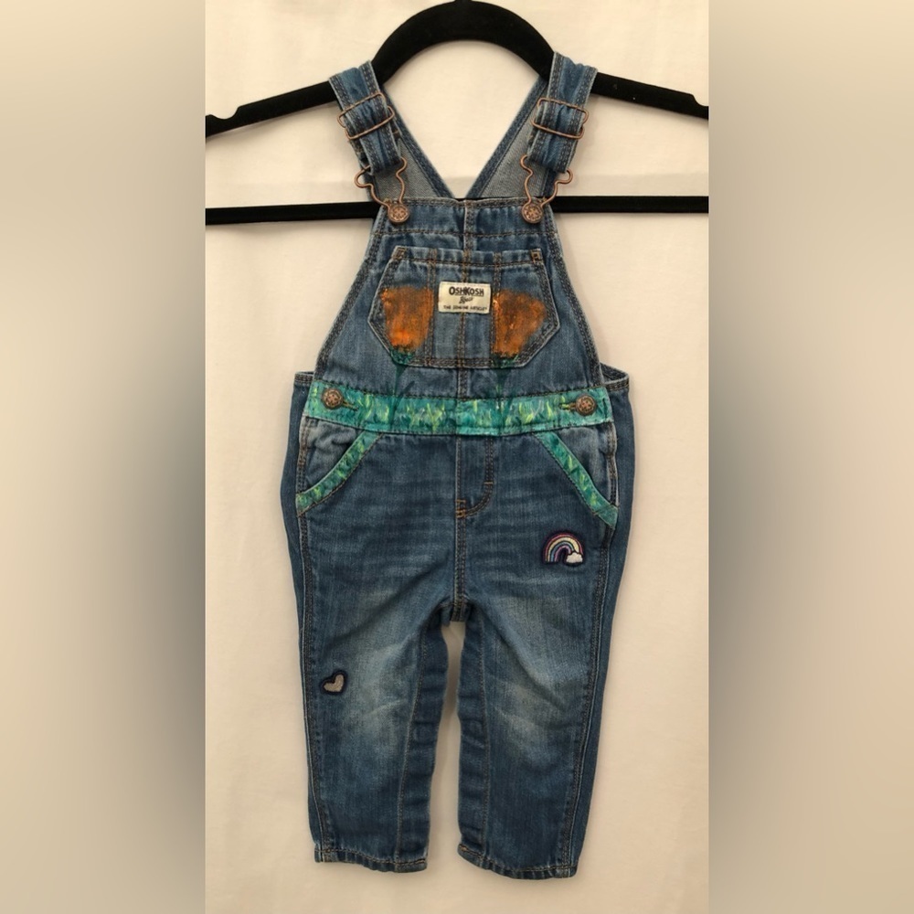 OshKosh B'gosh Denim Overalls Patches Painted Rainbow Hearts Flowers 6-9M